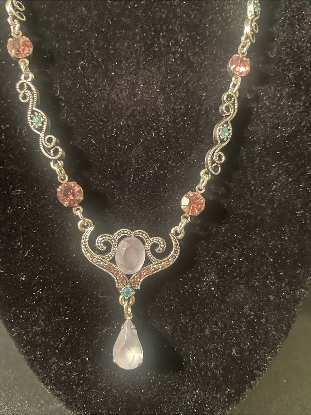 Vintage-Inspired Pink and Teal Crystal Pendant Necklace